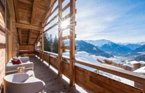 View from the balcony of a self-catered apartment overlooking a snowy valley