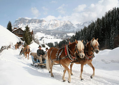 A horse-drawn carriage at a ski resort in Europe